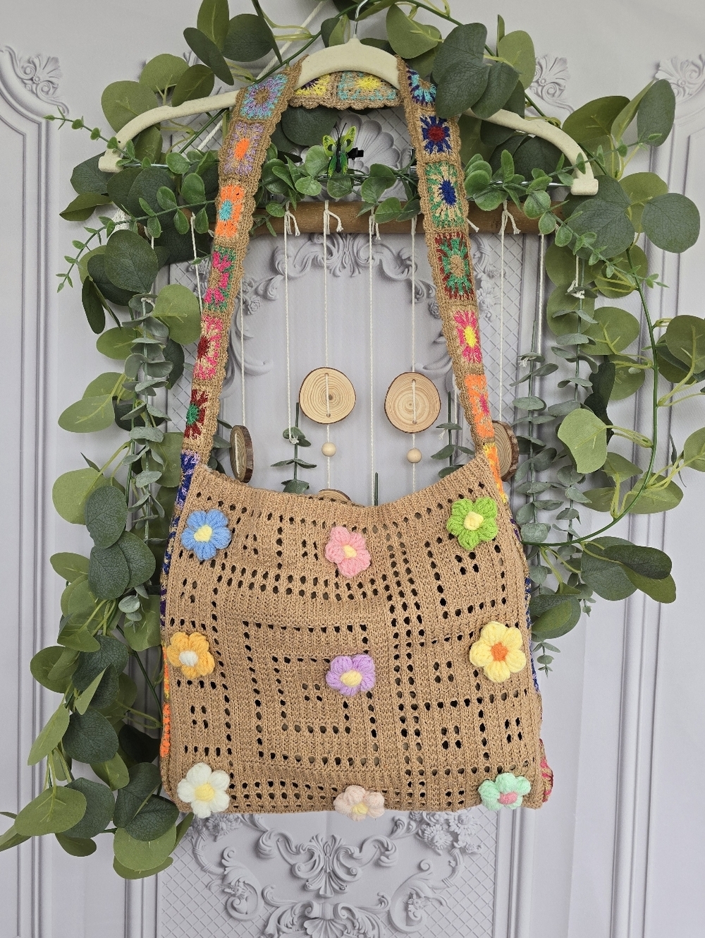Boho Crochet Flower Tote ✿ Neutral Granny Strap Bag | Cottagecore Shoulder Bag